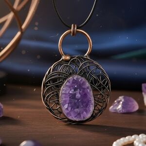 Boho Chic Copper Wire Wrapped Amethyst Crystal Artisan Pendant Necklace 🌿✨
